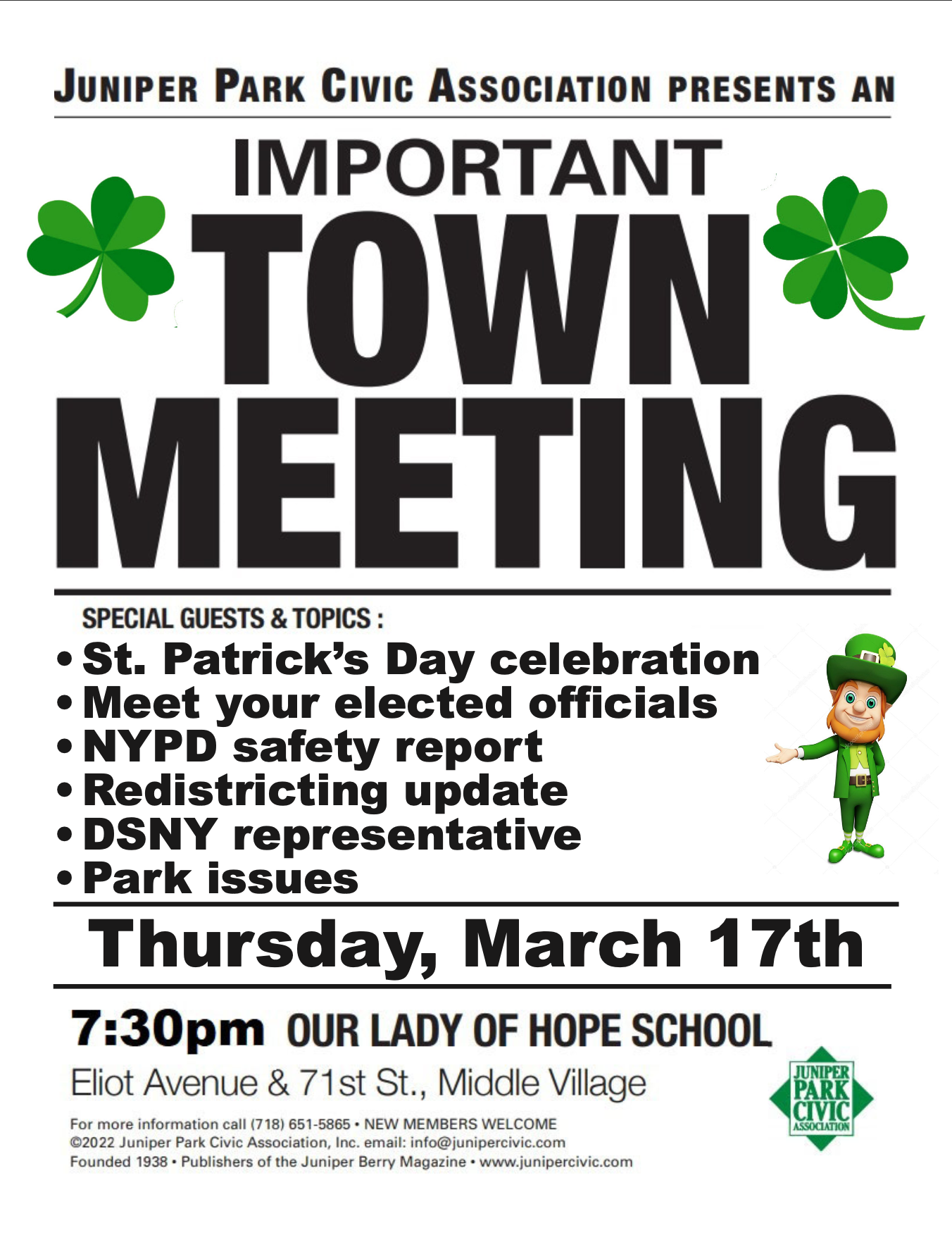 St. Patrick’s Day celebration & Town Meeting