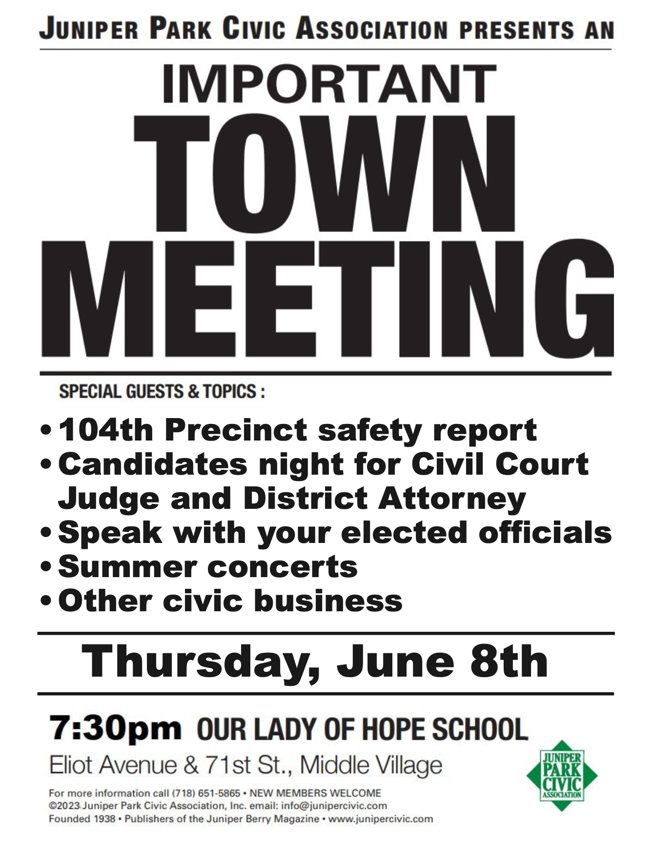 June 2023 Town Meeting takes place June 8th at OLH