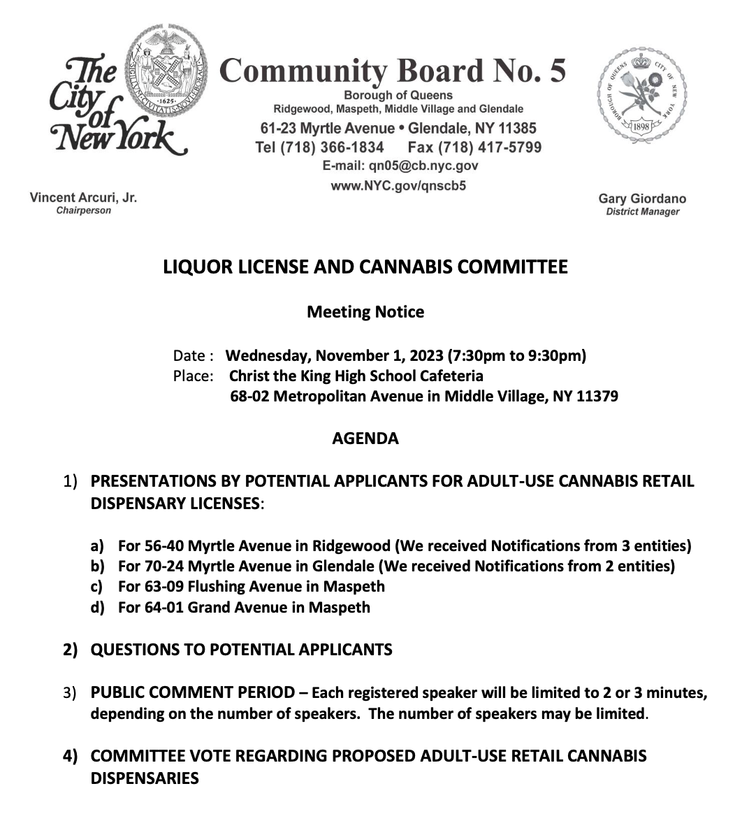 BOARD 5 COMMITTEE MEETING REGARDING POTENTIAL CANNABIS SALE SITES The