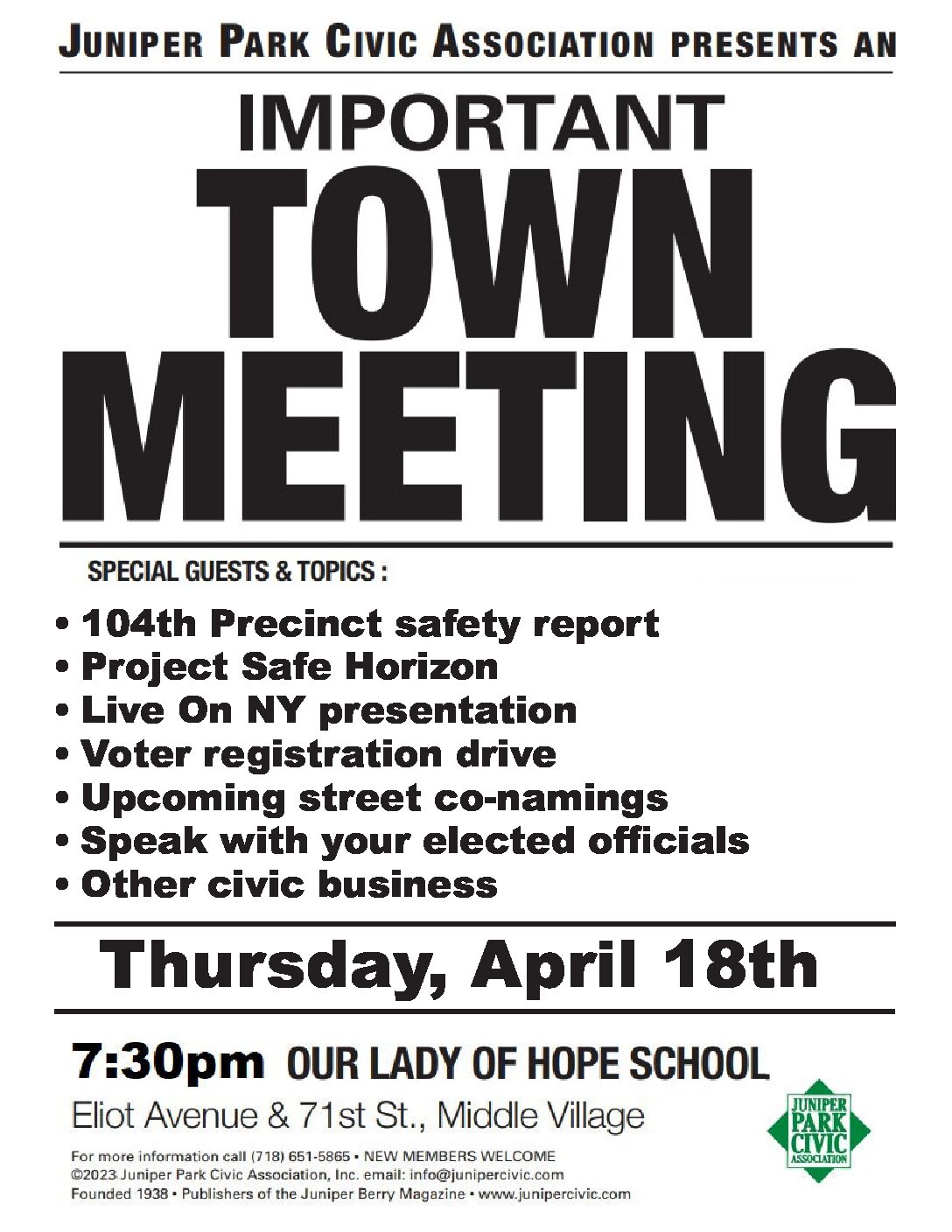 Town meeting agenda for April 18
