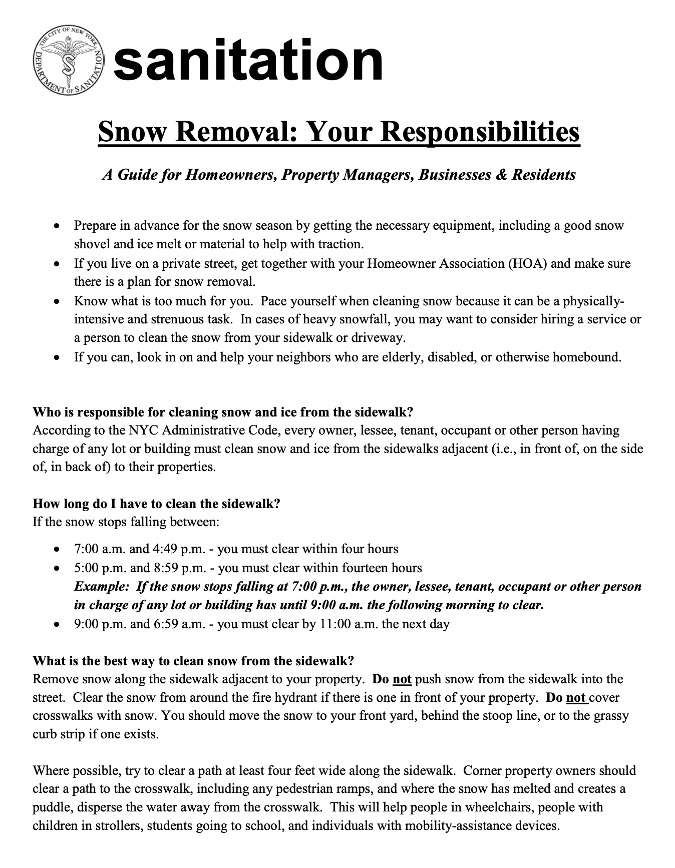 Snow cleaning responsibilities