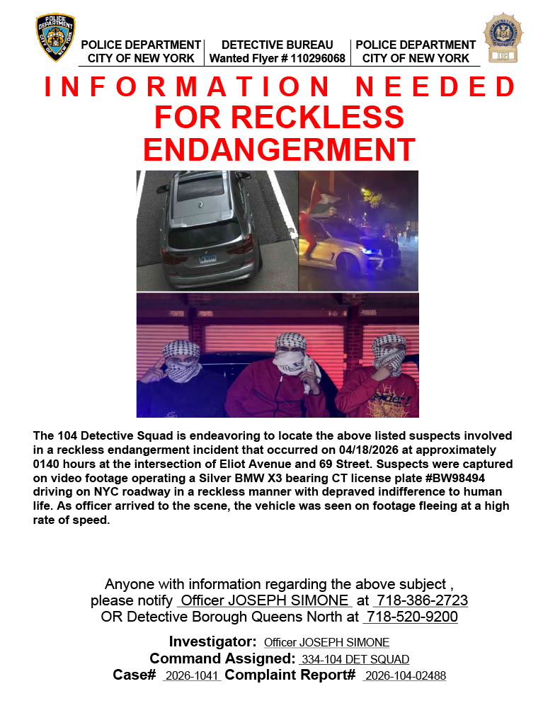 Wanted posters connected to meetup at 69 Street and Eliot Ave