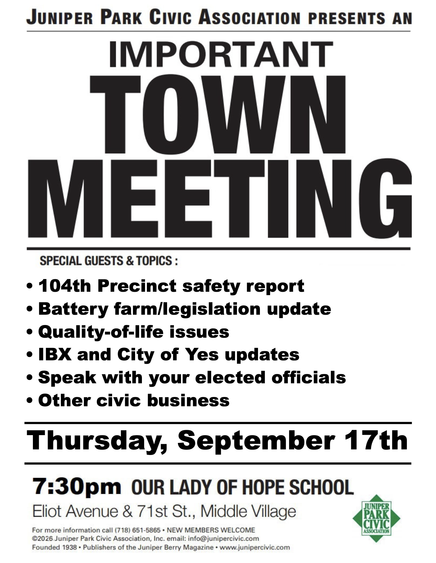 JPCA September 2026 Town Meeting
