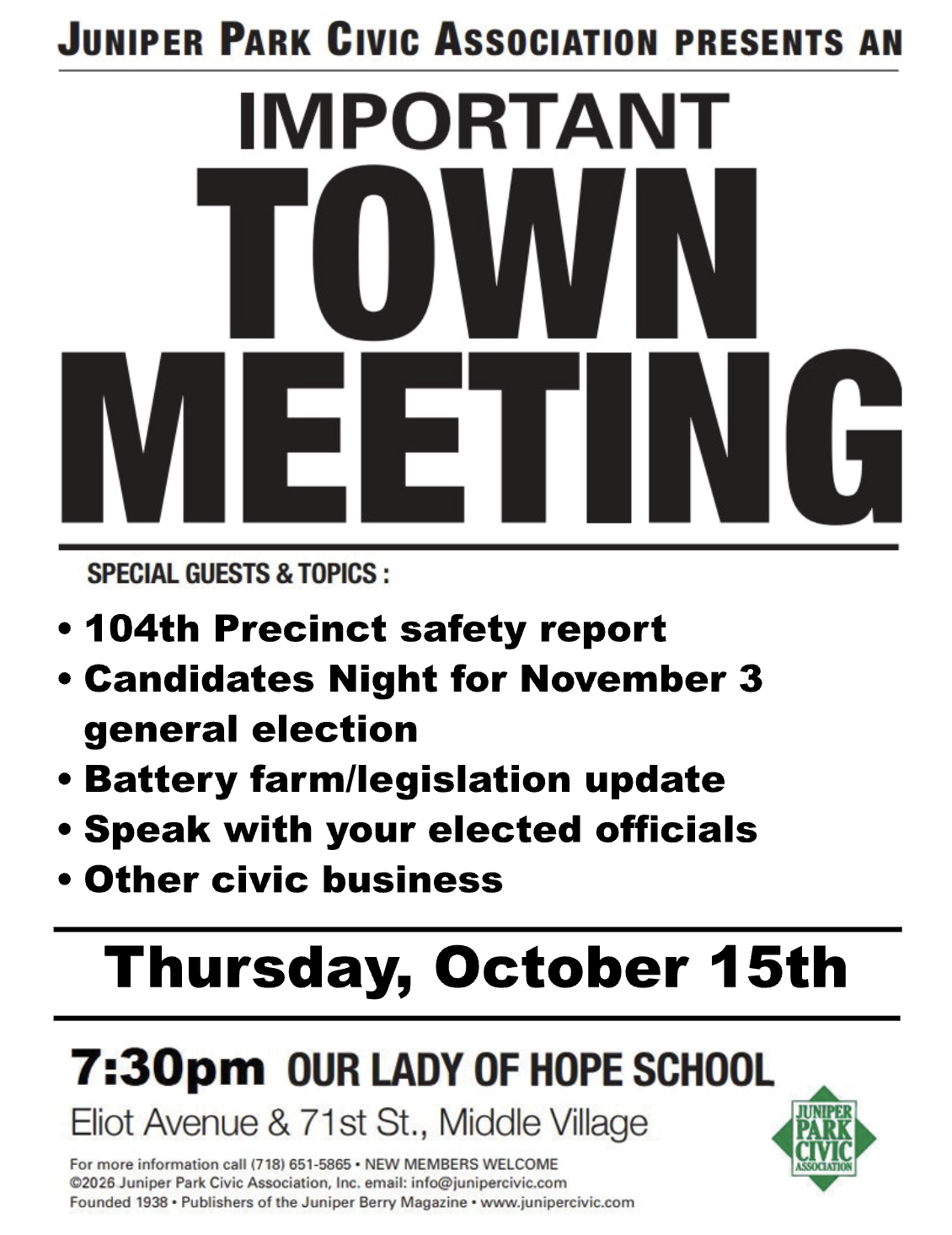 JPCA October 2026 Town Meeting